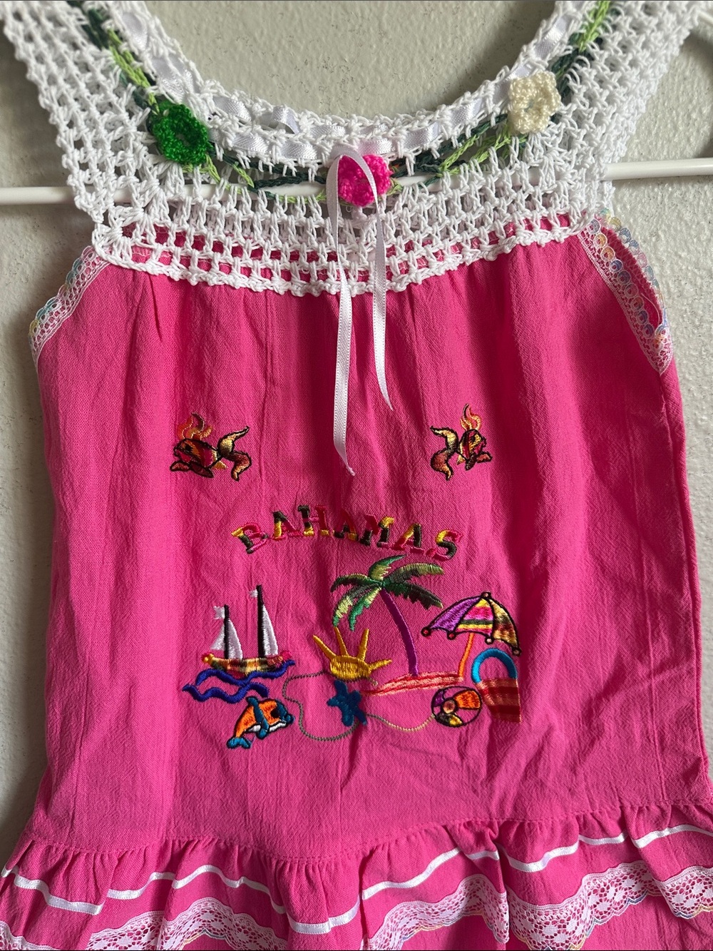 Toddler Bahamas Pink Embroidered Summer Dress with Crochet - Picture 2 of 4